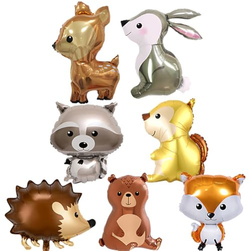 BCHKO 7er-Pack Tierballons, Waschbären, Hirsche, Eulen, Eichhörnchen, Luftballons, Kinderpartydekorationen für Kindergeburtstag, Partydekorationen, Geschenke