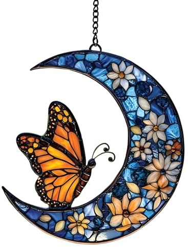 Window Butterfly Sun Catcher, Butterfly and Flower Moon Suncatcher - Monarch Butterfly and Flower Moon Garden Suncatcher Acrylic Ornament, Crafts, Artistic Pendant for Wall, Garden