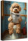 Cadre en Bois Impression sur Toile Tableau Caniche sur Les Toilettes Lisant le Journal Image sur Toile Animal Humoristique Tableau Decoration Murale Salon Chambre Coucher Salle de Bain Couloir 30x40cm