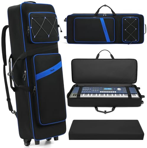 BOSSTIN 61 Key Keyboard Case with Wheels, Rolling Piano Gig Bag, Blue | Inner Size: 41.7 x 14.5 x 5.7, Waterproof, Thick Padding, 3 Carrying Options, Large Pockets, for Musicians Casual Players
