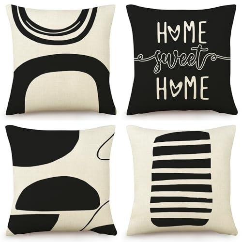 OYIMUA Leinen Kissenbezug 40 x 40 4er Set Schwarz Geometrische Muster Dekokissen Quadratisch Sofakissen Outdoor Kissen