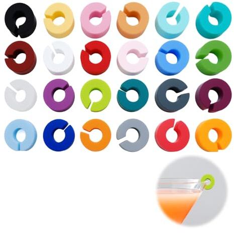 tiyiyok 24 Stück Glasmarkierer, Glasmarker Silicon, Glas Markierung Trinkgläser, Wiederverwendbare Weinglas Marker Ring Set für Champagnergläser, Cocktailgläser, Trinkgläser