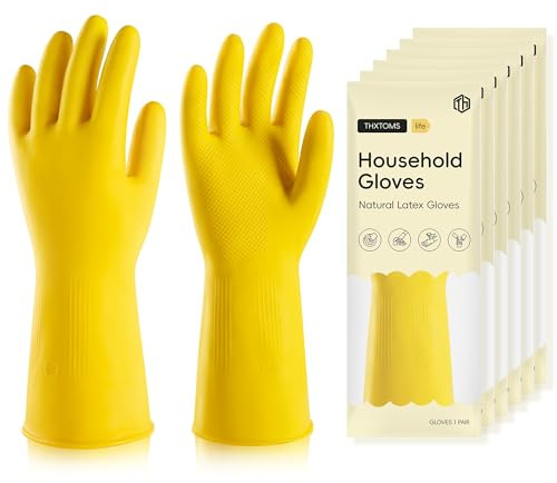 ThxToms 6 Pairs Medium Cleaning Gloves, Reusable Natural Rubber Gloves | Washing up Gloves, Durable Waterproof Design for Kitchen, Bathroom & Dishwashing, Multipurpose & Comfortable To Use