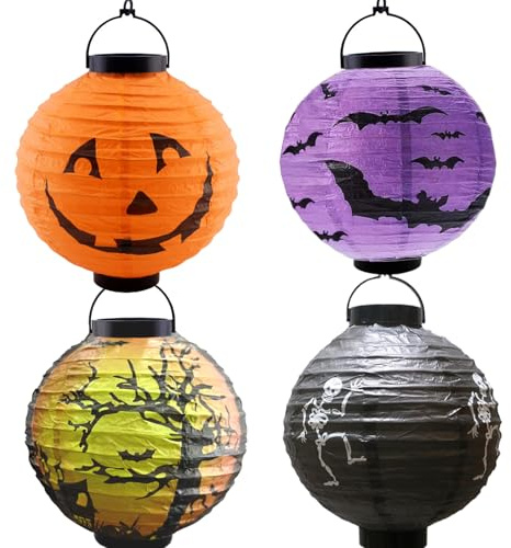 Halloween laterne outdoor,4 halloween-deko papierlaterne kinder,enthält halloween kürbis, Fledermäuse, Totenköpfe muster,Faltbare runde 3d laternen kinder für Halloween,Karneval