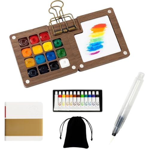 Mini Aquarell Set, Pocket Aquarell Set Für Unterwegs, 6-teiliges Reiseset Mit 16 Fächern Walnussholz-Malbox, 12 Aquarellfarben, Skizzenbuch Und Zubehör, Ideal Für Künstler, Studenten Und Lagerbeutel