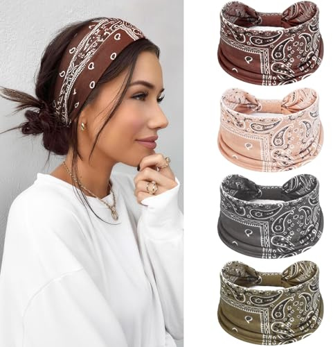Loiluliy Pannband för Kvinnor, 4-pack, Elastiska Hårband med Blommönster, Flerfärgade, 15 cm Breda, för Yoga, Sport och Fitness (Kaki, grön, grå, brun)