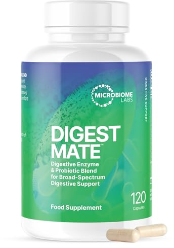 Microbiome Labs DigestMate - Digestive Enzyme Blend & Bacillus Bacteria | 14 digestive enzymes plus Bacillus subtilis HU58 and S. boulardii, broad-spectrum digestion and gut support, vegan, 120 caps
