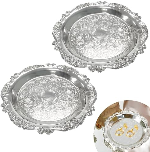 2PCS Vintage Silver Patterned Trinket Tray Set, Elegant Trinket Tray | Decorative Jewellery Dish for Dressing Table Accessories, Small Silver Tray for Keys, Rings, Candles and Perfume Display.