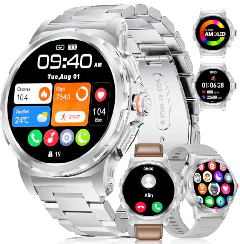 Reloj Inteligente Hombre con Llamada Bluetooth,1,43''Amoled/3 Correas Plata | Smartwatch Hombre con IP68 Impermeable, 110+Modos Deportivos/Pulsómetro/Sueño Pulsera Actividad Android iOS