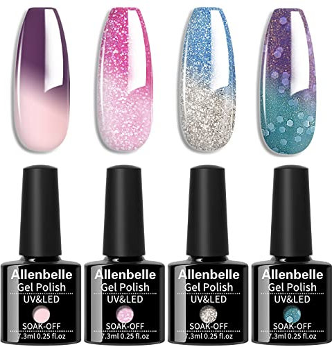 Allenbelle UV Nagellack Thermo Set 4 Farben Mit Geschenkbox,Gel Nagellack Farbwechsel Shellac Set Uv Gel Nail Art,Soak Off Uv Thermo Nagellac (007)