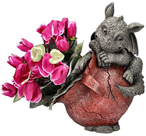 Pacific Giftware Gartenfigur Drache mit Übertopf rechts - Gartendrache 32,5 cm hoch - Fantasy Deko Statue Blumentopf Mehrfarbig