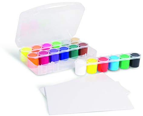 PRIMO Künstlerset für Kinder | Kunst-Koffer mit 25 ml Acrylfarben-Bechern | 12 Standard-, 4 Neon-Farben, Gold, Silber, 2 Leinwände