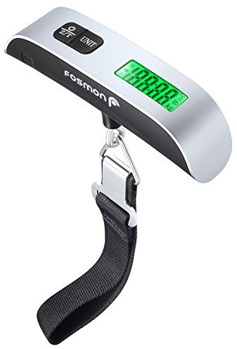 Fosmon - Gepäckwaage Tragbar Digitale mit LCD-Anzeige und Hintergrundbeleuchtung, Tara-Funktion, Ideal für Reisen, Angeln und Jagd, bis zu 50KG (Silber und Schwarz)