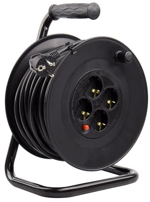 LEDKIA LIGHTING - Carrete Alargador de Cable 50m | Sistema Anti-Twist | 4 Enchufes German Socket | Protección Infantil y Sobrecarga | Potencia Máxima 3200W, Negro, Cloruro de Polivinilo