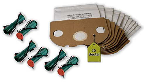 36 pièces Kit de filtre pour aspirateur Vorwerk Tiger/Kobold VT 250, 251, 252 : 30 sacs aspirateur + 6 Brosses rondes et 340, EB 350, 351 F (3 paires) de evendix®