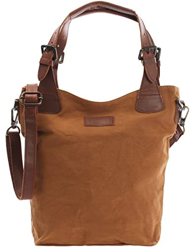 LECONI Henkeltasche Echtleder Vintage-Look Damentasche Handtasche für Damen aus Canvas + Leder Shopper mit Trageriemen Beuteltasche für die Arbeit, Büro oder Alltag 34x35x10cm cognac LE0054-C