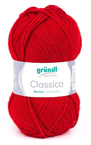 Gründl Wolle Classico - Dicke Wolle zum Stricken und Häkeln - Strickgarn - Weich und hautfreundlich - 50% Merinowolle, 50% Polyacryl - 1 Knäuel 50 g / 120 m - Nadelstärke 3,5-4,5 - rot