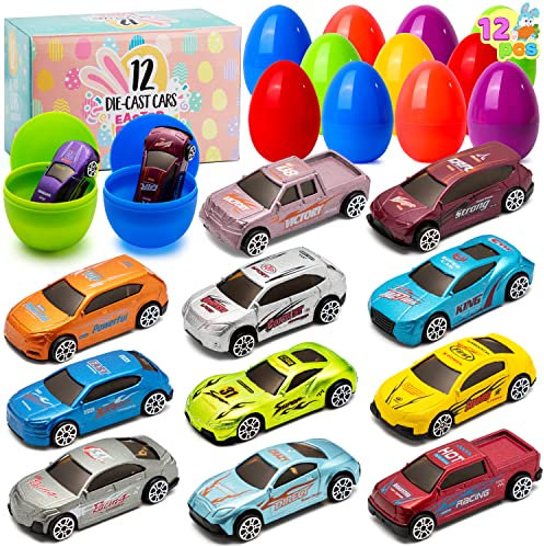 JOYIN 12 Stück Gefüllte Ostereier mit Druckgusswagen, Bunt Vorgefüllte Kunststoff Ostern Eier mit verschiedenen Druckgussautos für Ostern Partyzubehör, Osterkorb Füllstoffe, Osternest, Spielzeug