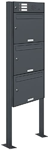 AL Briefkastensysteme 3er Standbriefkasten Anthrazitgrau RAL 7016 mit Klingel als 3 Fach Briefkastenanlage in Postkasten Briefkasten Design modern