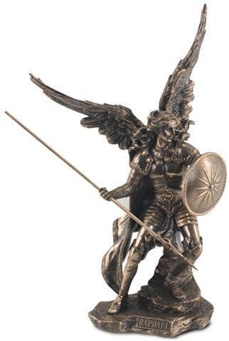 Religiöse Figur Erzengel Raphael Kunstharz Bronze. 37 x 24 x 15 cm
