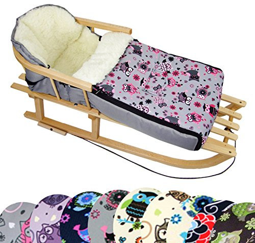 BAMBINIWELT Kombi-Angebot Holz-Schlitten mit Rückenlehne & Zugseil + universaler Winterfußsack (108cm), auch geeignet für Babyschale, Kinderwagen, Buggy, aus Wolle im Eulendesign (Eule $ 12)