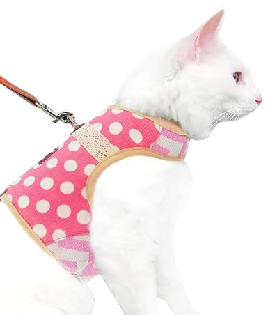 Yizhi Miaow Escape Proof Cat Harness with Leash Large, Adjustable Cat Walking Jackets, Padded Cat Vest Polka Dot Pink
