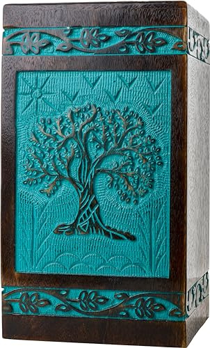 INTAJ Urna Funeraria in Legno per Ceneri Umane, Realizzata a Mano, Commemorativa dell'Albero della Vita, per Cremazione (Verde Acqua, XL, 115 kg)