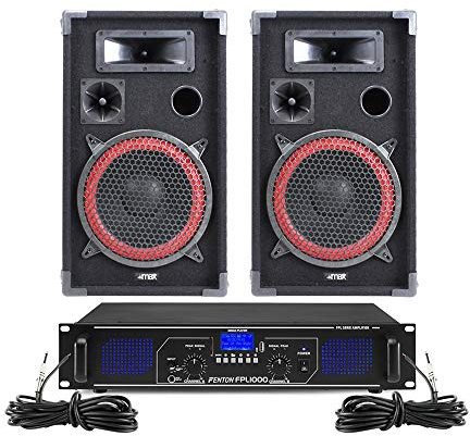 Max Red 10 Passive DJ Speakers Set with Fenton FPL1000 Bluetooth Amplifier – Complete 1000W Home DJ Audio System with Speaker Cables for Party, Disco & Karaoke Events