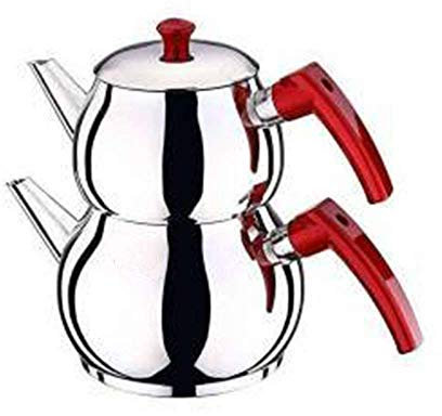 Set di teiera turca tradizionale in acciaio inox, realizzato in Turchia (piccolo, rosso)