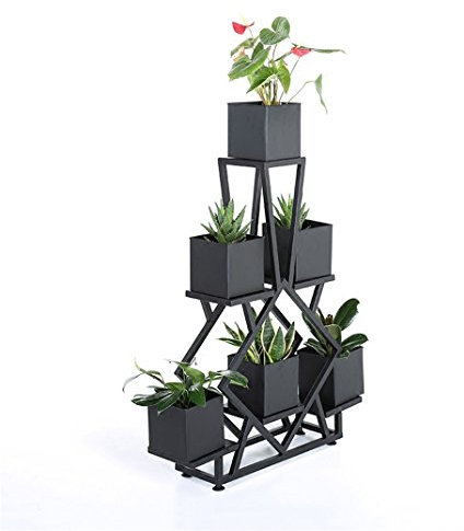 Blumentreppe Pflanzenregal Pflanzentreppe Amerikanischer Art Mehrschichteisen-Blumen-Stand-Innenwohnzimmer-Balkon-Blumentopf-Anzeigen-Regal Boden-stehendes Blumen-Gestell mit 6 Eisen-Kästen - L60 × W2