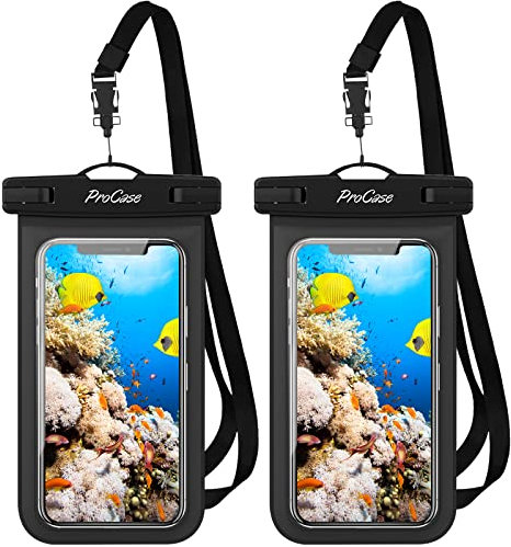 Procase 2 Bolsa Impermeable Universal para iPhone 16/15/14/13/12 Mini/Pro/Pro MAX/SE 2020/XS Max/XR/X/8/7+/6S, Galaxy S20/S20+/S20 Ultra 5G/S10/S10e/S9/S9+/Note8, Huawei Xiaomi LG BQ hasta 7 -Negro