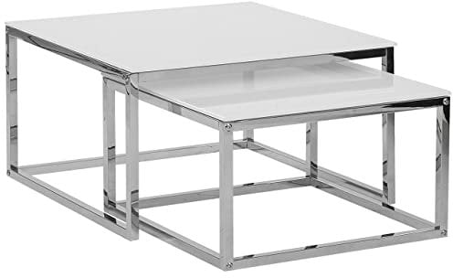 Beliani Quadratisch, minimalistisch und modern: Couchtisch 2er Set in Weiß mit polierten Metallbeinen und Silber Glastischplatte Brea