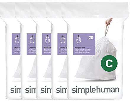 simplehuman Code C 100 Liners, 50% Recycled Custom Fit Bin Bags in Dispenser Packs, Durable Drawstring Tie Handle, 10-12L, White