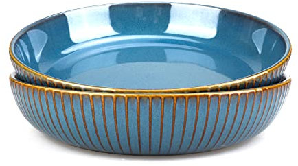 CSYY Pasta Bowls, 21cm Porcelain Serving Bowls, 1000ml Large Deep Plates Round Premium Blue Bowls Set for Salad, Pasta, Fruit(2pack)