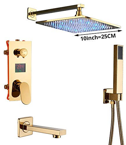 LED Colonne de Douche avec Intelligent Écran LCD Ensemble de Douche Multifonctionnel D'or Systeme de Douche Avec Douche à Main, Pommeau de Douche, Robinet de Baignoire, Pour Salle de Bain,10 Inch
