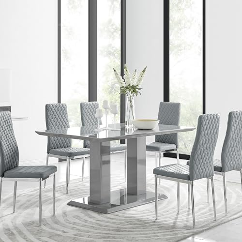Furniturebox UK Imperia 6 Modern High Gloss Dining Table and 6 Stylish Contemporary Milan Dining Chairs Set (Table + 6 Elephant Grey Milan)