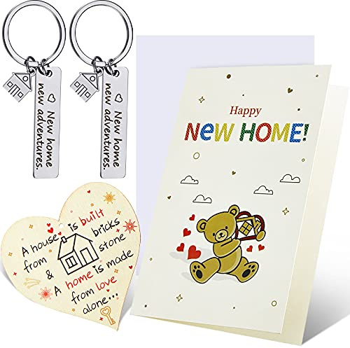 Jadive New Home Decoration Set Including 2 Pieces New House Adventures Keychain Cards with Envelope Wooden Hanging Heart Sign Plaque with Rope Housewarming Gift Home Decor for Family Relatives Friends