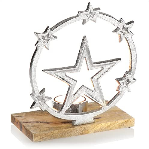 com-four® Teelichthalter mit Stern-Motiv - Weihnachtlicher Kerstenständer mit Holz-Sockel - dekorativer Kerzenhalter Weihnachten - Weihnachtsdeko (Stern mit Sockel)