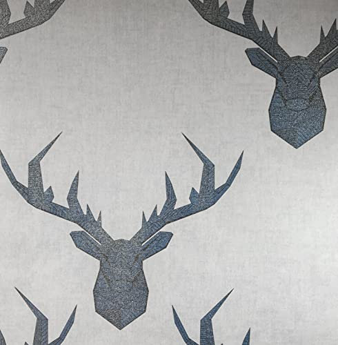 Wallpaper Empire Nina Hancock Designer Geometric Stag Grey Linen and Blue Wallpaper