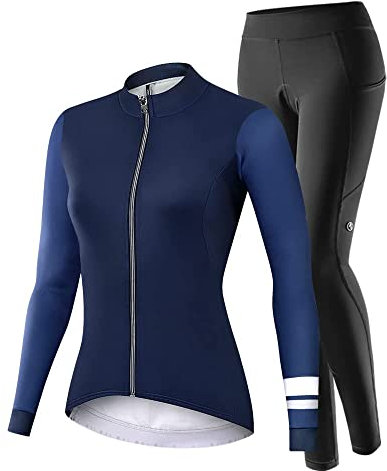 NUCKILY Radtrikot Damen Winter Langarm Thermo Fleece Fahrradtrikot und 3D Gepolsterte Hose, Atmungsaktiv Rennrad Trikot Damen mit 3 Rückentaschen Leuchtende Zipper