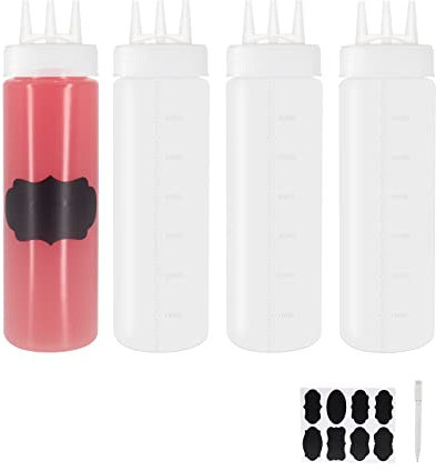 Belinlen 4 Pack 24oz/700ml Plastic Squeeze Sauce Bottles, 3-Hole Squirt Condiment Squeezy Bottles Plastic Squeeze Dispensers with Measurements for Ketchup BBQ Dressing Paint Workshop Art Craft