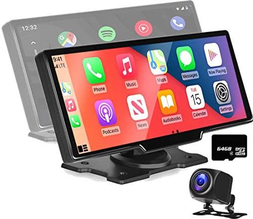 Apple CarAutoPlay inalámbrico y Android Auto Monitor de coche con pantalla táctil de 10 Estéreo de coche, DVR, Autoradio en el salpicadero,Llamadas Bluetooth con cámara de visión trasera Tarjeta 64G