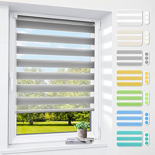 Doppelrollo klemmfix ohne Bohren & mit Bohren, 45x130cm (Stoffbreite 41cm) Grau, 3-in-1 Duo Rollo für Fenster & Tür, Fensterrollo innen lichtdurchlässig & verdunkelnd, Klemmrollo Rollos Sonnenschutz