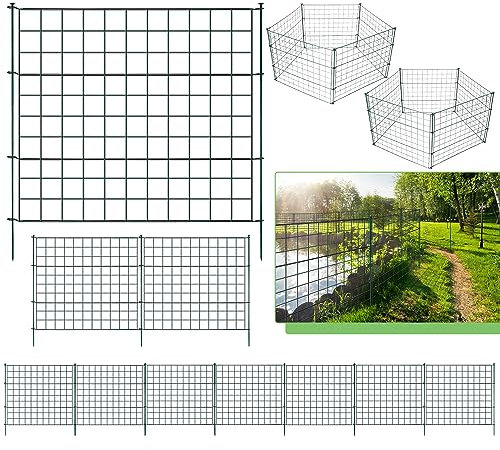 Cecaylie Teichzaun, Gartenzaun mit 10 Zaunelemente und 12 Befestigungsstäben, Steckzaun Metall, Gitterzaun Set ür den Garten, Zaun für Hunde, Gerade
