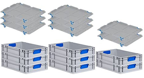 PROREGAL SuperSparSet 8x Eurobox NextGen Color mit Auflagedeckel & Schiebeschnappverschlüsse, HxBxT 12x40x60cm, 23L, Griffe blau geschlossen, Glatter Boden, Eurobehälter Transportbox Transportbehälter