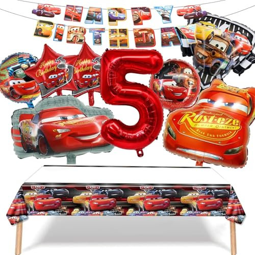Auto Geburtstagsdeko 5 Jahre,Geburtstagsdeko Kinder, Auto Folienballondeko,Auto Geburtstagsdekorationen,mit Happy Birthday Banner und Auto Tischdecke,für Auto Thema Geburtstag Party Dekoration