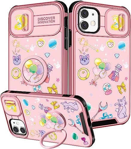 Qerrassa for iPhone 12 Phone Case Cute Cartoon Cover for iPhone 12 for Women Girly Girls i 12 Case with Camera Cover+Ring Stand Kawaii Funny Trendy Case for Apple iPhone 12 6.1, Moon Cat