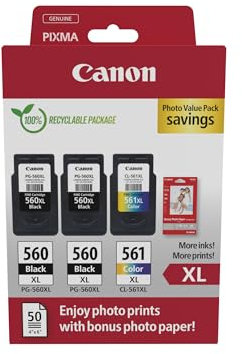 Canon Tintenpatronen & Papier-Multipack - PG-560XL/CL-561XL Original Druckerpatronen mit hoher Reichweite 3er Pack (2 x Schwarz, 1 x Farbe) & 4x6 Fotopapier (50 Blatt)