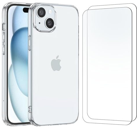 NEW'C Coque pour iPhone 15 Plus (6.7) Haute Transparente Silicone en Gel TPU Souple et 2 × Verre trempé Film Protection écran pour iPhone 15 Plus (6.7) - Résistance aux rayures