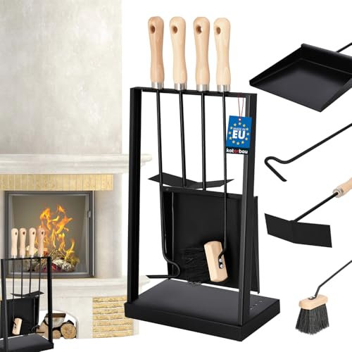 KOTARBAU® Set di 4 attrezzi per camino, accessori per camino, con manici in legno, posate da forno in acciaio, scopa